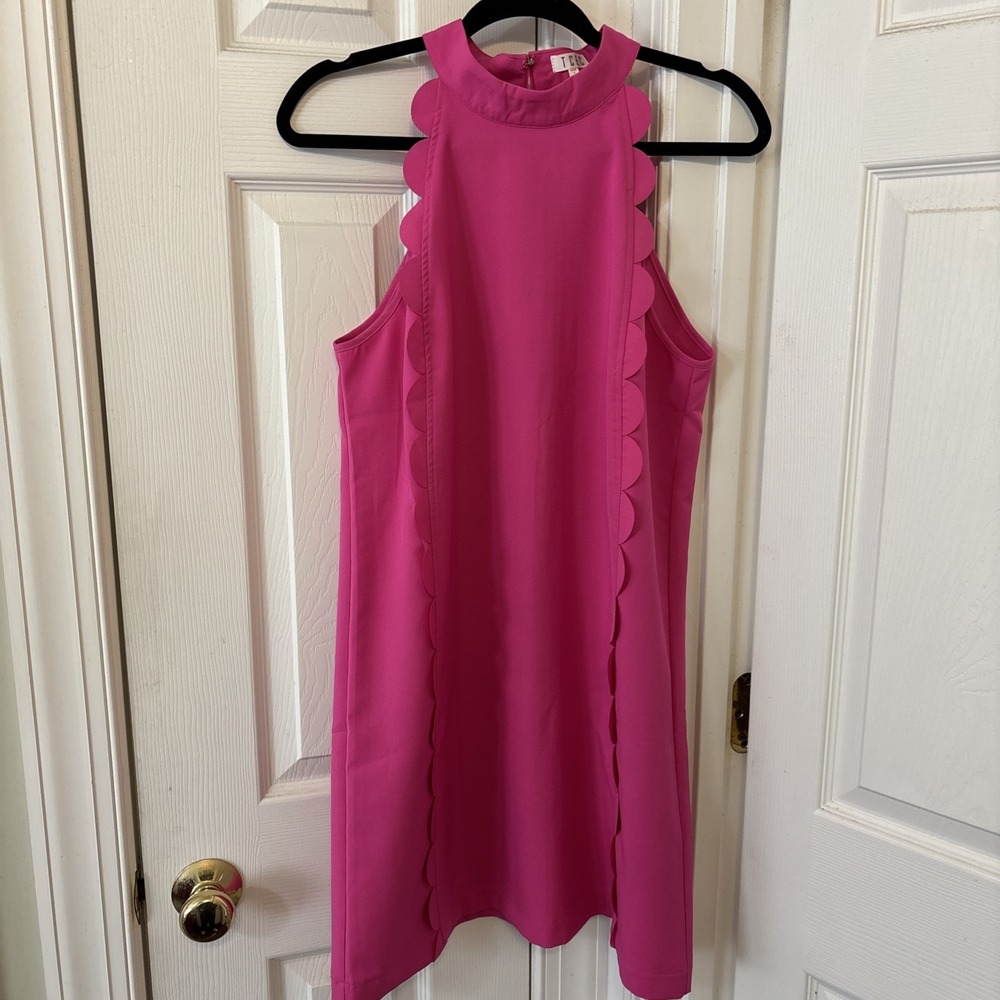 TCEC Hot Pink Scalloped Trim Halter Mini Dress Preppy Barbiecore Womens Size M